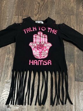 Girls Black Long-Sleeve Fringe Top with Pink Hamsa Graphic Size 4T